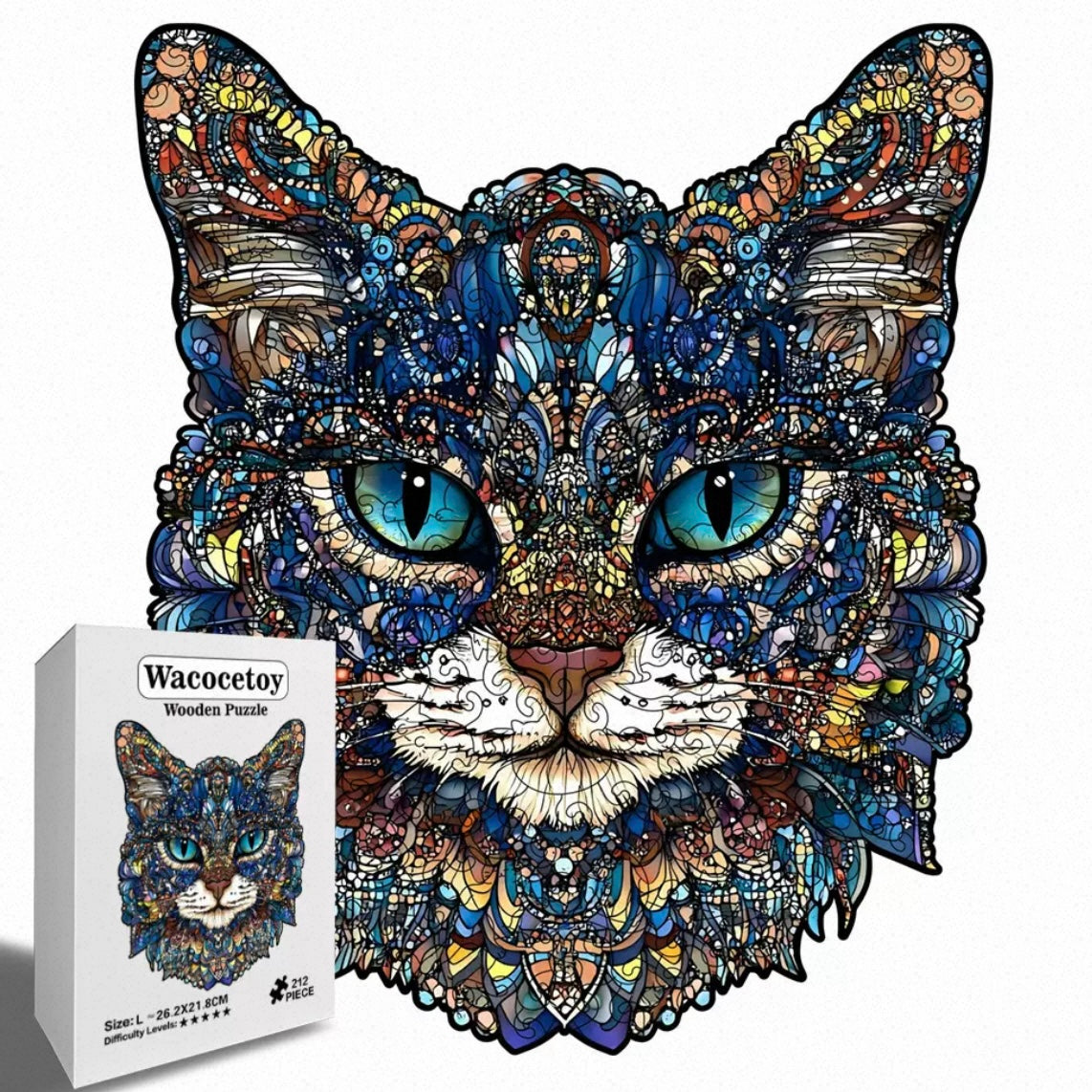 Mystic Cat Wooden Puzzle, Colorful Shaped Jigsaw in Gift Box