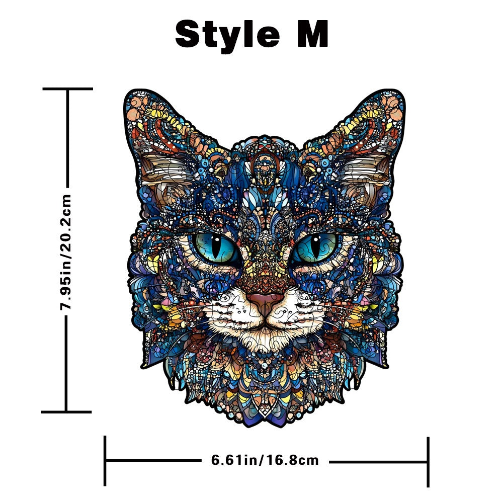 Mystic Cat Wooden Puzzle, Colorful Shaped Jigsaw in Gift Box